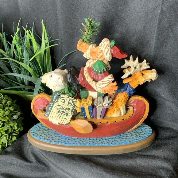 Vintage 1999 David Frykman Folk art Santa in Canoe with Polar Bear & Reindeer - Picture 1 of 12